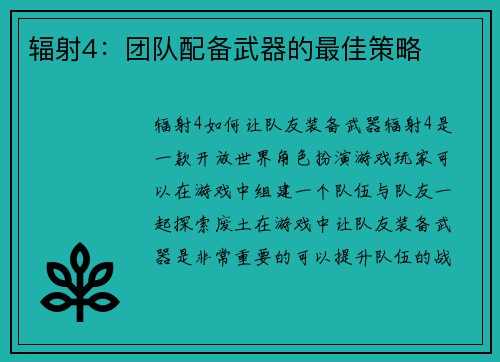 辐射4：团队配备武器的最佳策略