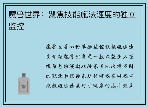 魔兽世界：聚焦技能施法速度的独立监控