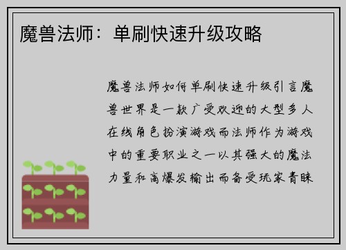 魔兽法师：单刷快速升级攻略